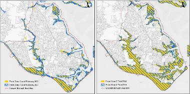 Maps showing areas of Gosport in flood risk zones 2 and 3 in 2021 and 2115